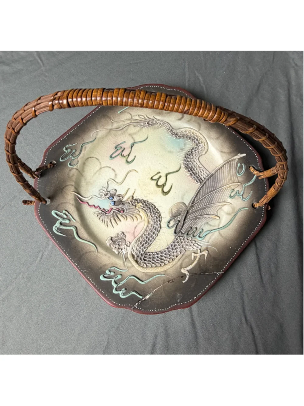 Japanese Moriage Dragonware Plate Set Basket 7 Pc Vintage Retro Serving Dishes